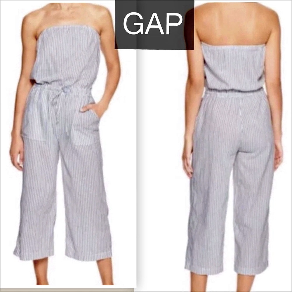 GAP Blue Pinstripe Jumpsuit with Cropped Wide-Leg, Pockets, Ties @ Waist & Top